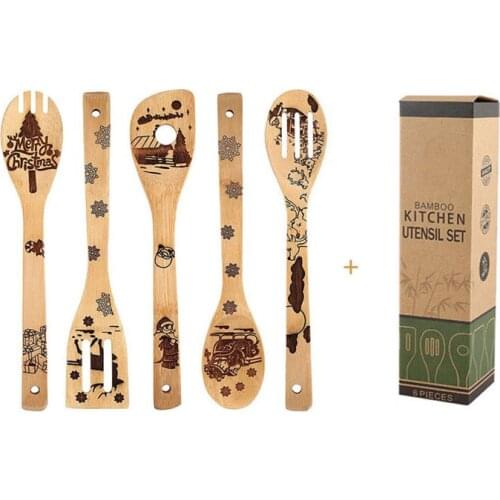 5PCS Christmas & Halloween Festival Bamboo Spoons Set Utensil DIY Party Decoration Home Kitchen Supplies
