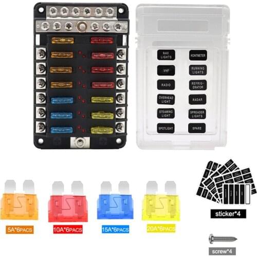 12V 32V 12Way Fuse Box With Negative Busbar Plastic Cover Fuse Box Holder M5 Stud With LED Indicator Suitable For Car Truck Ship