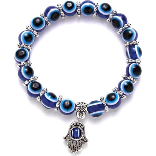 Rinhoo Fashion Blue Evil Eye Hamsa Hand Fatima Palm Bracelets for Women Bead Charm Bracelet Ethnic Style Handmade Jewelry