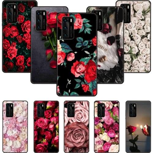 Phone Case For Huawei P20 P30 P40 P Smart Z + P10 Mate 30 10 20 Lite Pro Black Cover Back Tpu Coque Fashion Flower Red Rose