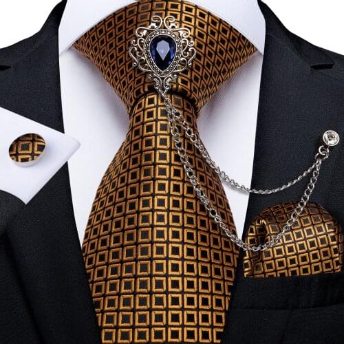 Men Ties Gold Plaid Black Jacquard Woven Silk Necktie 8cm Business Wedding Tie Men Gift Gravata Luxury Crystal Brooch DiBanGu