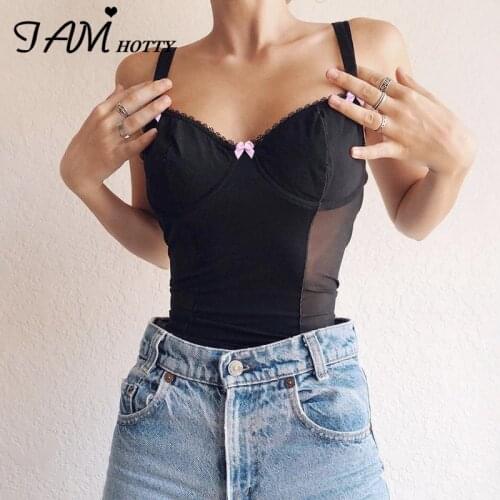 Gothic Sexy See Through Mesh Lace Patchwork Womens Corset Crop Top Black Bow Kawaii Harajuku Camisole Summer Femme Iamhotty