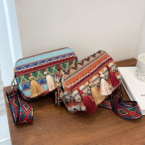 Fashion Ethnic Style Women PU Leather Stripes Printing Shoulder Crossbody Messenger Bag Casual Ladies Tassel Mini Purse Handbags