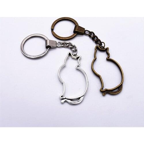 Fashion 30mm Key Ring Metal Key Chain Antique Bronze and Rhodium Plated Hollow Cat 53x30mm Pendant