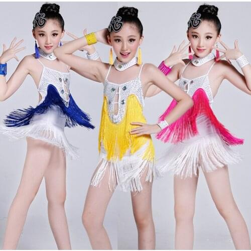 New 2018 Girls Kids Children Rhinestone Fringe Latinl Salsa Samba Tango Ballroom Latina Costume Skirts Latin Dance Dress