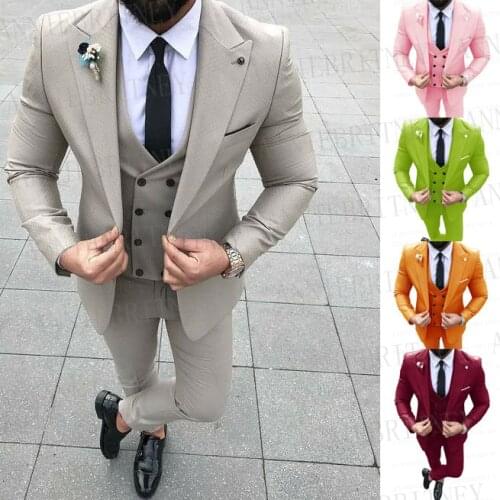 New Beige Vogue Men Suit Slim Fit Pink Prom Wedding Suits for Men Groom Tuxedo Jacket Pants Set Sky Blue Casual Man Blazer
