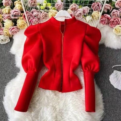 New Stylish Puff Sleeve Zipper Cardigans Women Trendy Bubble Sleeve Slim Fit Fashion Solid Jacket Cute Outfit
