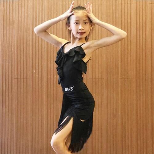Latin Dance Clothes For Girls Samba Costume Black Fringe Ruffle Sling Dress Latin Practice Wear Rumba Performance Dress DNV14598