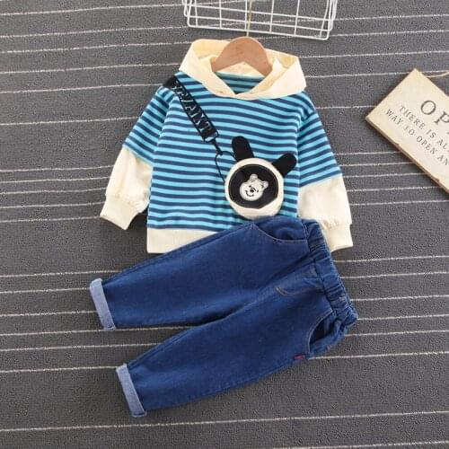 Autumn Spring New Baby Boys Casual Clothing Sets Toddler Girls Cartoon Striped Hoodie+Denim Pants 2-piece Fashion Kids Tracksuit