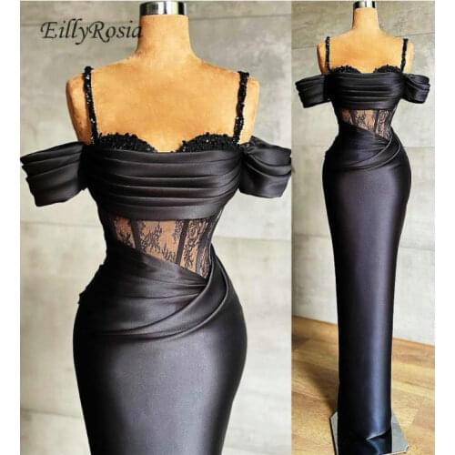 Sheath Black Evening Dresses Floor Length Spaghetti Straps Lace Sheer Waist Elegant Evening Gowns for Women vestidos de noche
