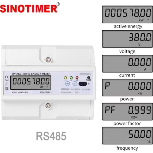 Three Phase 380V 100A RS485 Modbus Rtu Power Consumption Meter DIN Rail LCD Digital KWH Voltage Current Meter with Pulse Output