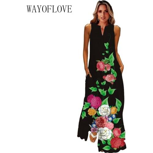 WAYOFLOVE Fashion Flower Print Black Dress 2021 Beach Elegant Casual Plus Size Dresses Summer Woman Sleeveless Maxi Dress Women