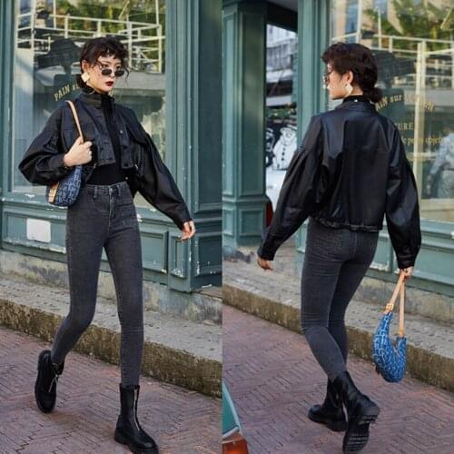 2021 Spring Jacket for Women Loose Short Leather Coat Pockets Fashion Long Sleeve Outwear Motorcycle PU Leather Black Coat aq432