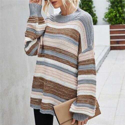 Autumn Winter Warm Tunic Trendy Women Fashion Stripe Color Block Top Stylish Long Sleeve Pullover Loose Sweater Daily Wear Tops