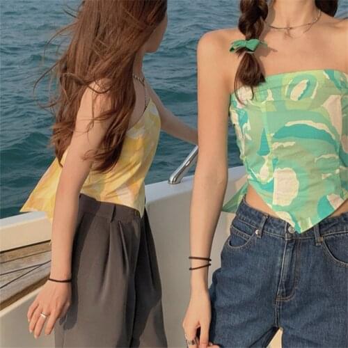 Women Beach Boob Tube Top Summer Ins Girl Sexy Camisole Bandage Tieback Patchwork Street Snap Geometry Light Yellow Green