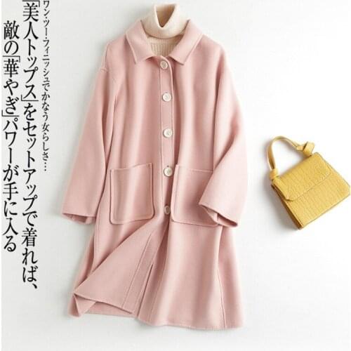 Pink Double-sided Cashmere Long Ladies Loose Korean Style Temperament Single-breasted Full Wool Womens Warm Woolen Coat