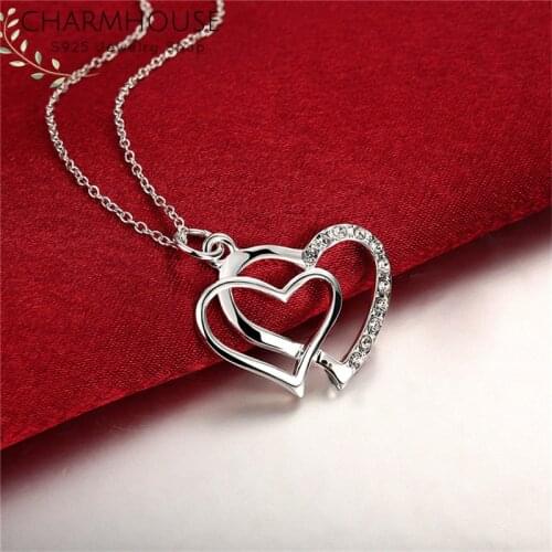 925 Silver Necklaces For Women Double Heart Pendant & Necklace Link Chain 18inch Collier Femme Wedding Bridal Jewelry Bijoux