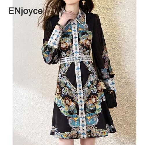 Vintage Palace Style Printed Silk Dress Spring Fall Women Elegant Long Sleeve Party Club Prom Ladies Slimming A-Line Dresses
