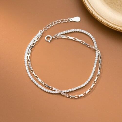 100% Real. 925 Sterling Silver Fine Jewelry Double Rows Oval Square Chain & CZ 4A+ Tennis Bracelet Charms C-S4483
