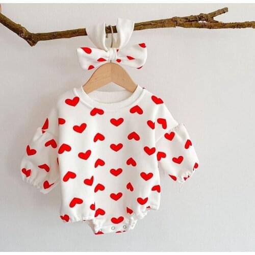 Baby Girl Plus Velvet Bodysuits Baby One Piece Autumn Winter Baby Clothing Heart Print Jumpsuit Toddler With Headband 0-24M