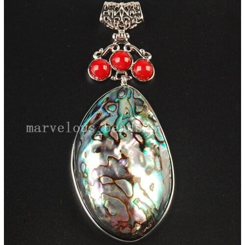 Free shipping 36x81mm Fashion Jewelry New Zealand Ablone Shell Red Coral Art Oval Pendant Bead MC3671