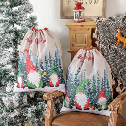 Christmas Candy Gift Big Bag Cute Christmas Linen Tote Bag Lattice Side Drawstring Pocket Gift for Children Party Home Decor