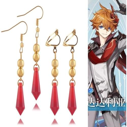 Genshin Impact Tartaglia Cosplay Red Earrings Ear Clip Pendant Jewelry Accessories Gift Drop Earrings Costume Prop