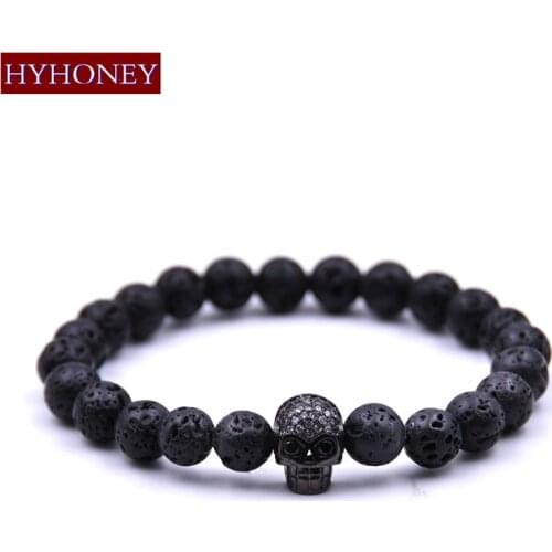 HYHONEY Micro Pave Zirconia CZ Skull 8MM Lava Stone Elasticity Bracelets for women Strand Bracelet Men Jewelry Gift couple