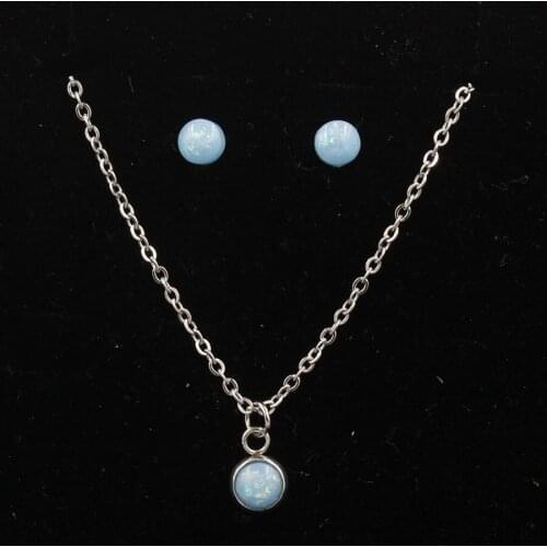 Jaymaxi 6mm Opal Stone Jewelry Set Stainless Steel Stud Earrings Necklace Women Party Gift for Girl 4 Colors