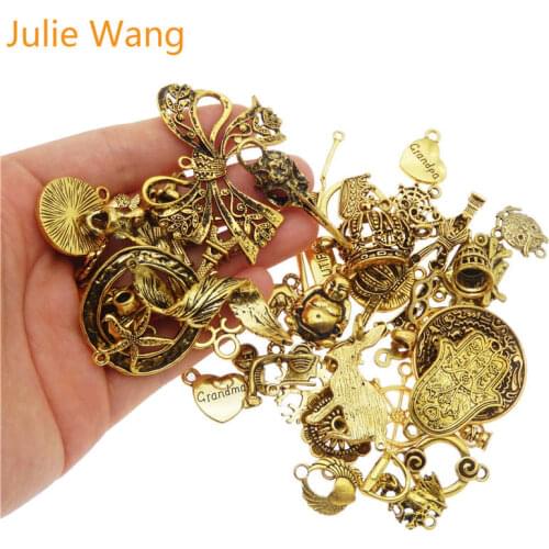 Julie Wang 10PCS Antique Gold Charms Alloy Randomly Mix Animal Crown Letters Pendant Necklace Bracelet Jewelry Making Accessory