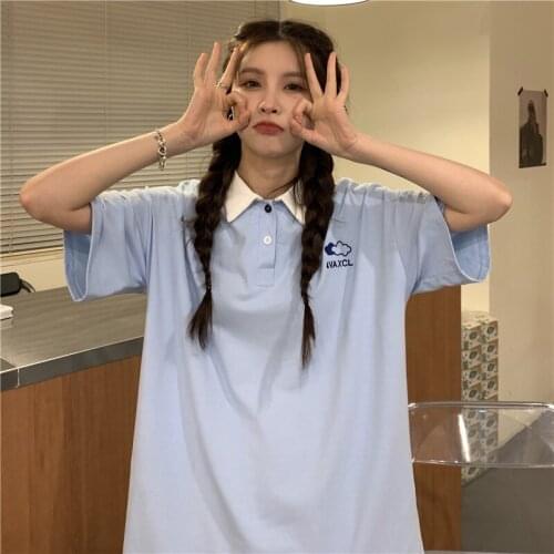 Kawaii Campus Clothing Polo Shirt Vintage t-Shirt For Girls Pink Gothic Top Sweet Female Cloud Korean Tee Friends Clothes y2k