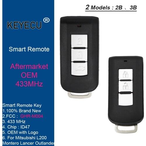 KEYECU Keyless Go Smart Remote Car Key GHR-M004 - 2 / 3Buttons & 433MHz & 47 Chip - for Mitsubishi Montero L200 Lancer Outlander