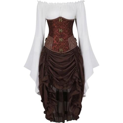 Corset Bustiers with Pirate Skirt and Blouse Steampunk Waist Cincher Corselet Bodyshaper 3 Piece Carnival Dance Party Costumes