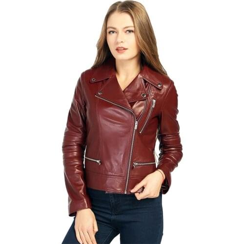 Genuine Soft Leather Handmade Burgundy Woman Jacket Biker Style High Quality Lambskin Metal Zipper Autumn For Valentines Day