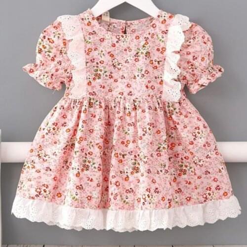 Baby girl summer vintage floral printed princess dress kids lace stitching puff sleeve ball gown dress
