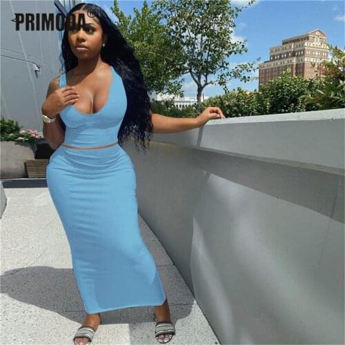 Summer Streetwear Bodycon 2 Two Piece Sets Women Sleeveless V Neck Crop Top Midi Skirts Suits Casual Party Matching Sets PR499M
