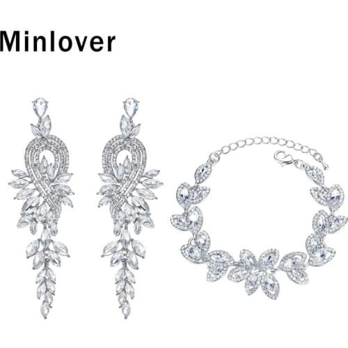 Minlover Leaf Rhinestone Bride Jewelry Sets for Women Wedding Earrings Bracelet Set Silver Color Party Prom Jewelry EH946+SL046