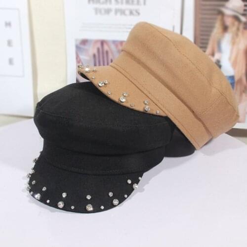 Rhinestone Military Cap Fashion Cap Womens Thin Face Small Peaked Cap Europe And America Retro Elegant Hand-stitched Beret