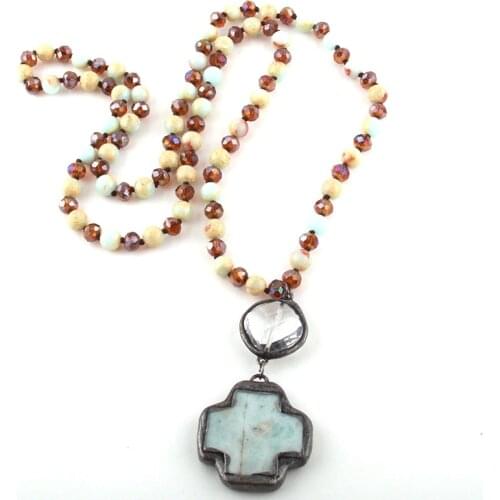 Fashion Bohemian Tribal Jewelry Natural Stones and Glass Long Knotted Stone Cross Pendant Necklaces Women Necklace Dropship