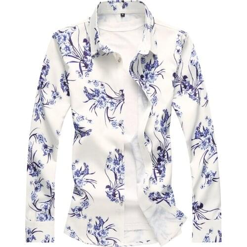 Autumn New Mens Long-sleeved Flower Shirts Large Size S-7XL Small Stretch Shirt Men Polyester Fiber and Spandex Fabric tops
