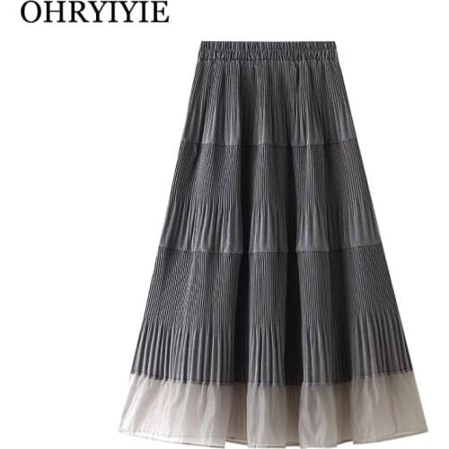 OHRYIYIE Autumn Winter Pleated Skirt Fashion Korean Patchwork Midi Long A-line Skirts Women Gray Beige All-Match Skirt Bottoms