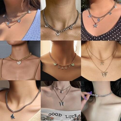 Cute Butterfly Pendant Necklace Choker for Women Party Gold Color Long Chain Double Necklace Korean Statement Charm Jewelry Gift