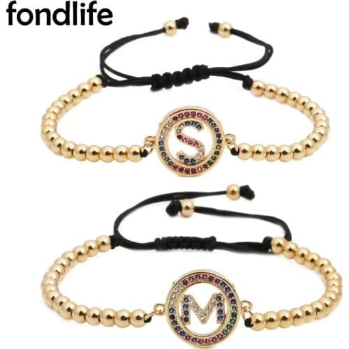 Multicolor AAA Cubic Zirconia Crystal Alphabet Letter Charm Bracelet Women Gold-plated 4MM Copper Beads Macrame Jewelry Present