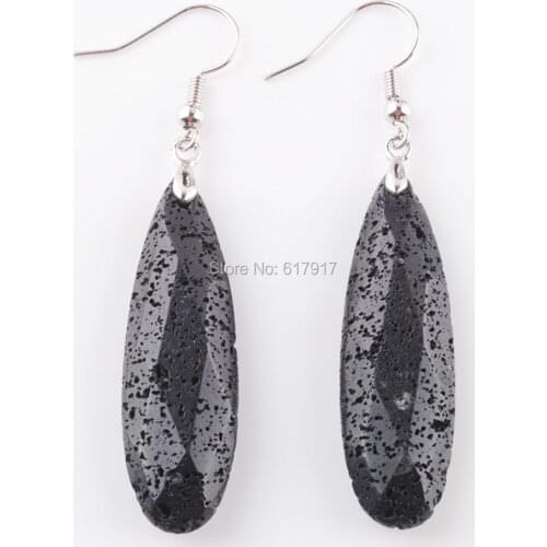 RONGZUAN Natural Black Volcano Gem Stone Polygon Beads Hook Drop Geometry Dangle Long Earrings for Women Female Jewelry TR3199