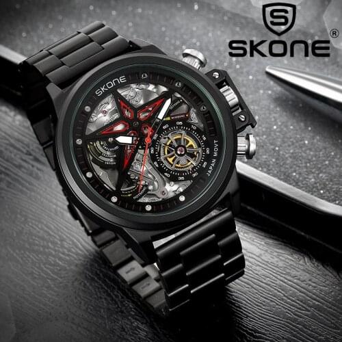 SKONE Top Luxury Star Design Fashion Mens Fake Mechanical Quartz Watch Rose Gold Gear Stainless Steel Straps Relogio Masculino