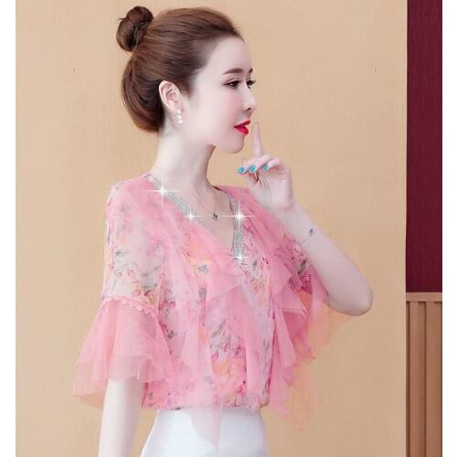 Printed chiffon shirt womens foreign style 2021 summer dress new Korean loose and fashionable short sleeve temperament small