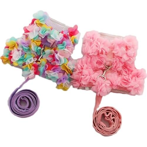 Flower Pet Accessories Dog Cat Harness Purple Pink Mesh Harnesses With Leash Set Nylon Harness Vest Leash Leads Walking S M L