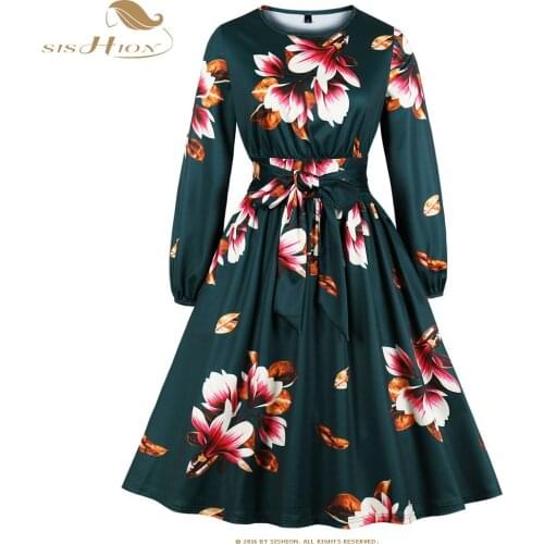 SISHION Vintage Long Sleeve Woman Dress VD1431 Floral Print Round Neck Green Dress Elegant Swing A Line Party Dresses robe femme