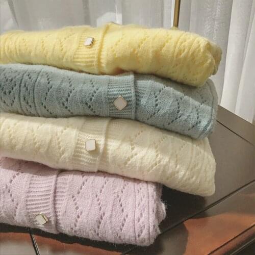 Sweet O-neck Hollow Out Knitted Sweater Cardigan Womens 2021 Autumn Winter Long Sleeve Soft Korean Womens Clothing Crop Tops