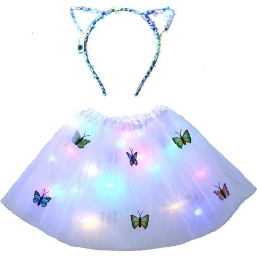 Adult Girl LED Glow Light Up Princess Tutu Skirt Ear Headband Fancy Dress Wedding Birthday Neon Party Cat Costume Cosplay